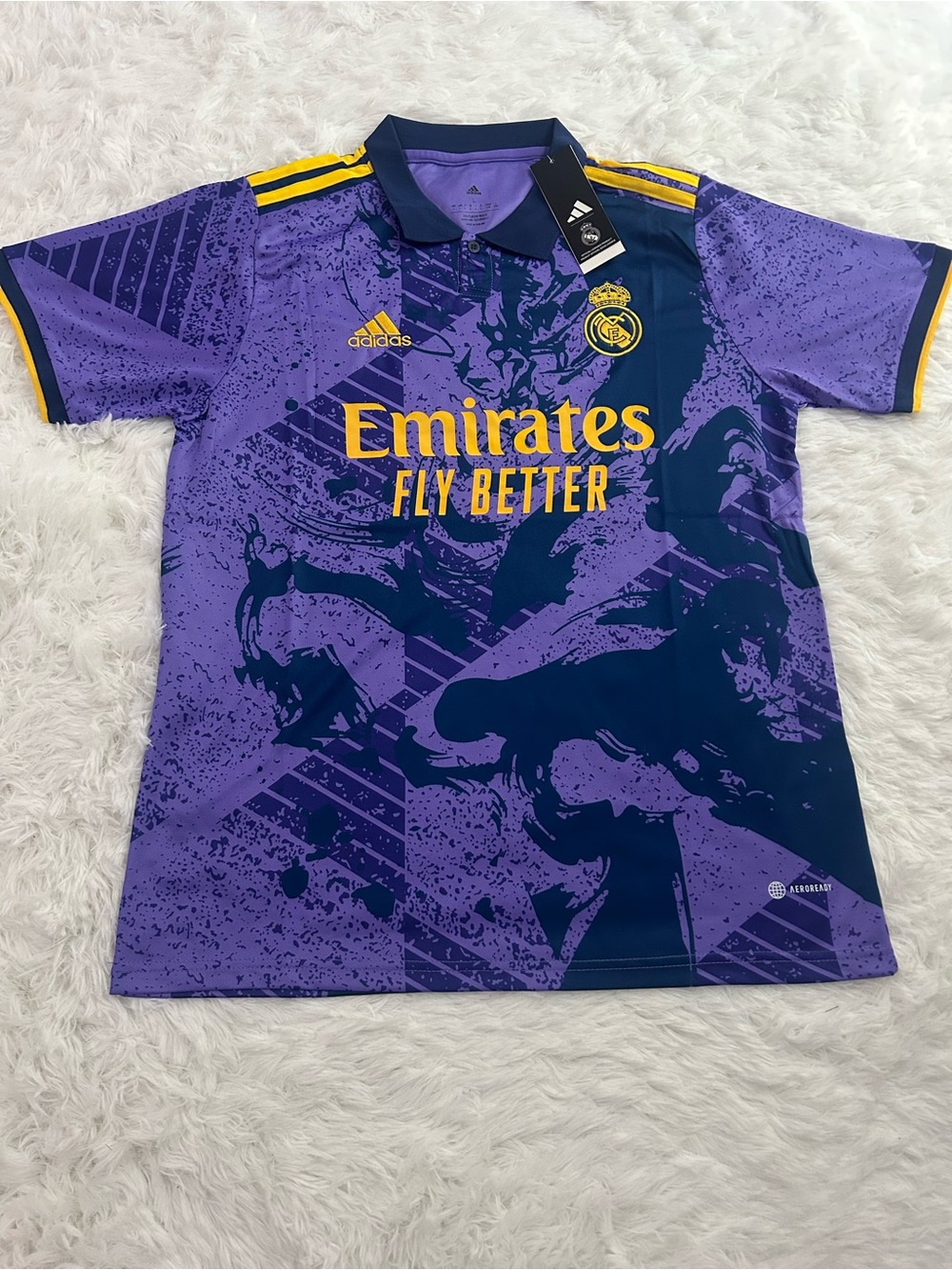 adidas Real Madrid Purple and Navy Graphic Polo Jersey with Yellow Accents